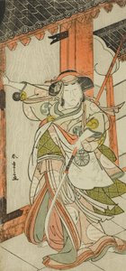 Der Schauspieler Nakamura Tomijuro I als Hangaku Gozen, der das Tor im Stück Wada-gassen Onna Maizuru (Der Wada-Konflikt: Ein Maizuru einer Frau) durchbricht, aufgeführt im Nakamura-Theater ab dem fünfundzwanzigsten Tag des siebten Monats