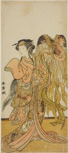Der Schauspieler Nakamura Tomijuro I als Kurtisane Toyama von Tsuruga im Stück Keisei Tsuki no Miyako, aufgeführt im Morita-Theater im achten Monat, 1775