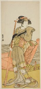 Der Schauspieler Onoe Matsusuke I als Akoya im Stück Edo Meisho Midori Soga, aufgeführt im Morita-Theater im zweiten Monat, 1779