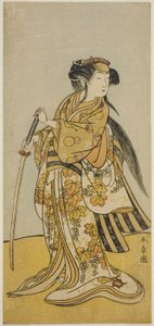 Der Schauspieler Onoe Tamizo I als Kureha (?) im Stück Shusse Taiheiki (?), aufgeführt im Nakamura Theater (?) im achten Monat, 1775 (?)