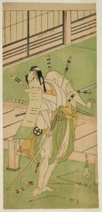 Der Schauspieler Otani Hiroji III als Weißer Fuchs verkleidet als Ukishima Daihachi im Stück Shinasadame Soma no Mombi, aufgeführt im Ichimura Theater im siebten Monat, 1770