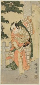Der Schauspieler Otani Hiroji III in einer Bühnenpose (Mie) vor einem Schrein-Tor