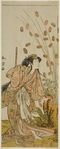Der Schauspieler Segawa Kikunojo III als Hito-maru verkleidet als die Kurtisane Chiyozaki, im Stück Kuruwa no Hana Katsuragi no Kane, aufgeführt im Ichimura Theater im dritten Monat, 1775