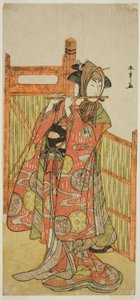 Der Schauspieler Segawa Kikunojo III als Kojoro-gitsune verkleidet als Floristin Okiku im Stück Mure Takamatsu Yuki no Shirahata, aufgeführt im Ichimura-Theater im elften Monat, 1780 von Katsukawa Shunsho