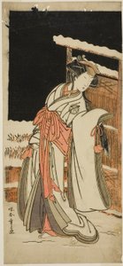 Der Schauspieler Segawa Kikunojo III als Lady Shizuka (Shizkua Gozen) verkleidet als Tamazusa im Stück Chigo Torii Tobiiri Kitsune, aufgeführt im Ichimura Theater im elften Monat, 1777 von Katsukawa Shunsho