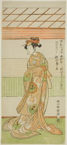 Der Schauspieler Segawa Kikunojo II als Kurtisane Maizuru im Stück Furisode Kisaragi Soga, aufgeführt im Ichimura-Theater im zweiten Monat, 1772