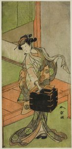 Der Schauspieler Yamashita Kinsaku II als Miyagino verkleidet als Friseur im Stück Kosode-gura no Tekubari, aufgeführt im Morita Theater im zweiten Monat, 1772 (?) von Katsukawa Shunsho