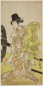 Der Schauspieler Yamashita Kinsaku II als Tsukimasu, in der Rolle von Sakura-maru, im Stück Miya-bashira Iwao no Butai, aufgeführt im Morita Theater im siebten Monat, 1773