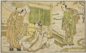 Die Schauspieler Arashi Sangoro II als Minamoto no Yoritomo (rechts), Segawa Kikunojo II als Yuki Onna (Mitte) und Ichimura Uzaemon IX als Kajiwara Genta no Kagetoki, im Stück Myoto-giku Izu no Kisewata, aufgeführt im Ichimura Theater im elften Monat