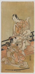 Die Schauspieler Arashi Sangoro II als Tadanobu und Segawa Kikunojo III als Shizuka Gozen im Stück Yoshitsune und die tausend Kirschbäume, Edo-Periode