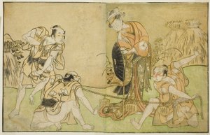 Die Schauspieler Bando Zenji I als Nagahashi Saburo, Iwai Hanshiro IV als Otatsu-gitsune, Nakamura Konozo als Hagai Ujitsune und ein nicht identifizierter Schauspieler (von rechts nach links), im Stück Nue no Mori Ichiyo no Mato, aufgeführt im Nakamura The von Katsukawa Shunsho