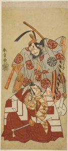 Die Schauspieler Ichikawa Danjuro V als Watanabe Kiou Takiguchi (unten) und Nakamura Nakazo I als Taira no Kiyomori (oben) in der "Shibaraku"-Szene aus dem Stück Nue no Mori Ichiyo no Mato (Wald des Nue-Monsters: Ziel des elften Monats), aufgeführt im