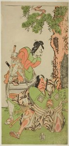 Die Schauspieler Ichikawa Danzo III als I no Hayata Tadazumi (rechts) und Matsumoto Koshiro II als Osada no Taro Kagemune verkleidet als Yatsurugi Zaemon (links), im Stück Nue no Mori Ichiyo no Mato, aufgeführt im Nakamura-Theater im elften Monat, 1770