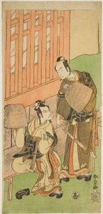 Die Schauspieler Ichikawa Komazo II als Soga no Juro Sukenari (rechts) und Ichikawa Danjuro V als Soga no Goro Tokimune (links) in Komuso-Kleidung, im Stück Sakaicho Soga Nendaiki, aufgeführt im Nakamura-Theater im ersten Monat, 1771 von Katsukawa Shunsho