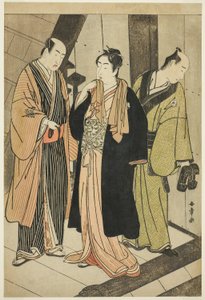 Die Schauspieler Ichikawa Monnosuke II (links), Iwai Hanshiro IV (Mitte) und Iwai Karumo (?) (rechts), auf einer Landung hinter der Bühne