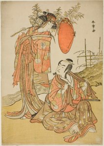 Die Schauspieler Ichikawa Monnosuke II und Segawa Kikunojo III als die Liebenden Seijuro (rechts) und Onatsu (links), in der Fluchtszene "Michiyuki Hiyoku no Kiku-cho" (Eine Flucht: Chrysanthemen-und-Schmetterlings-Liebesvögel), ein Tanzintermezzo aus Teil von Katsukawa Shunsho