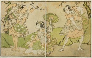 Die Schauspieler Ichikawa Somegoro (rechts), Segawa Kikunojo II (Mitte) und Bando Sampachi (links) in nicht identifizierten Rollen im Stück Myoto-giku Izu no Kisewata, aufgeführt im Ichimura-Theater im elften Monat, 1770