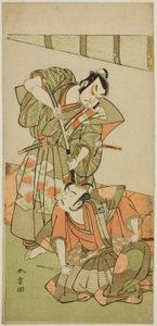 Die Schauspieler Ichikawa Yaozo II als Konoshita Hyokichi (?) (rechts) und Sakata Hangoro II als Matsunaga Daizen Hisahide (?) (links) im Stück Gion Sairei Shinko Ki (?), aufgeführt im Ichimura Theater (?) im fünften Monat, 1775 (?)