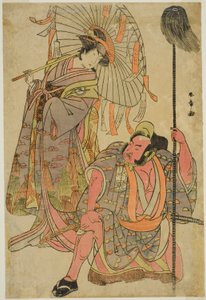Die Schauspieler Ichimura Uzaemon IX als Hata no Daizen Taketora verkleidet als Yakko Matahei (rechts) und Iwai Hanshiro IV als Umegae verkleidet als Gedichtdeuterin Omatsu (links), im Stück Mukashi Otoko Yuki no Hinagata, aufgeführt im Ichimura-Theater