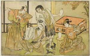 Die Schauspieler Iwai Hanshiro IV als Otatsu-gitsune, Nakamura Nakazo I als Raigo Ajari, Sakata Tojuro III als Kamada Gon-no-kami Masayori und Ichikawa Yaozo II als Sakon-gitsune (von rechts nach links), im Stück "Nue no Mori Ichiyo no Mato," aufgeführt im von Katsukawa Shunsho