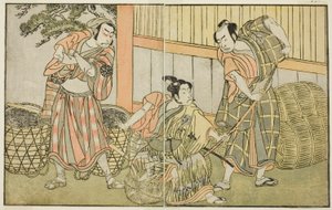 Die Schauspieler Kasaya Matakuro II als Hagun Taro (rechts), Ichikawa Monnosuke II als Izutsu no Suke Narihira (Mitte) und Nakamura Nakazo I als Kose no Kanaoka verkleidet als Sogoro der Holzkohlemacher, im Stück Kuni no Hana Ono no Itsumoji, aufgeführt im