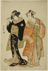 Die Schauspieler Matsumoto Koshiro IV und Segawa Kikunojo III als die Liebenden Choemon (rechts) und Ohan (links), in der Fluchtszene "Michiyuki Segawa no Adanami" (Eine Flucht: Verräterische Wellen im flachen Fluss), ein Tanzintermezzo aus dem zweiten Tei