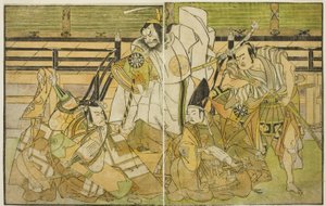 Die Schauspieler Nakamura Denkuro II als Seno-o Taro, Ichikawa Komazo II als Yorimasa, Nakamura Nakazo I als Taira no Kiyomori und Ichikawa Danjuro V als Kiou Takiguchi (von rechts nach links), im Stück Nue no Mori Ichiyo no Mato, aufgeführt im Nakamura-Th von Katsukawa Shunsho