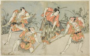 Die Schauspieler Nakamura Kashiwagi als Wakashu (zweiter von rechts) und drei unbekannte Schauspieler als Yakko von Katsukawa Shunsho