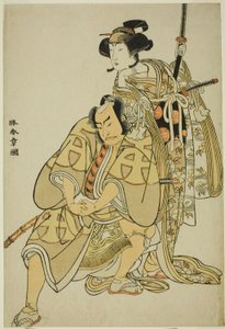 Die Schauspieler Nakamura Nakazo I als Hata Rokurozaemon verkleidet als Samurai-Diener (Yakko) Igaguri Hanehei (links) und Nakamura Noshio I als Hofdame Koto no Naishi (rechts) in der Tanzsequenz "Sodegasa Momiji no Tekuda" (Regenschirmärmel)