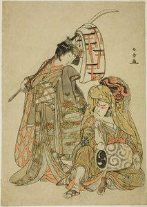 Die Schauspieler Nakamura Nakazo I als Onmaya Kisanda verkleidet als Kakubei der Löwentänzer (Kakubei-jishi) (rechts) und Segawa Kikunojo III als Shizuka Gozen (links), in der Tanzsequenz "Myoto-zake Kawaranu Nakanaka" (Ewige Harmonie des Ehebechers), aus