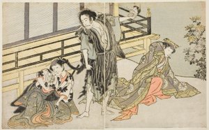 Die Schauspieler Nakamura Noshio I als Nyosan no Miya (rechts), Ichikawa Danjuro V als der abtrünnige Mönch Yochin (Mitte) und Yamashita Kinsaku II als das Dienstmädchen Mutsuhana (links), im Stück Fuki Kaete Tsuki mo Yoshiwara, aufgeführt im Morita-Theate