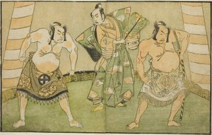 Die Schauspieler Nakamura Sukegoro II als Matano no Goro (rechts), Onoe Kikugoro I als Soga no Taro (Mitte) und Otani Hiroji III als Kawazu no Saburo (links), im Stück Myoto-giku Izu no Kisewata, aufgeführt im Ichimura-Theater im elften Monat, 1770