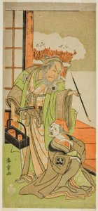 Die Schauspieler Nakamura Utaemon I als Karashi Baba und Ichikawa Danjuro IV als Sanshodayu im Stück Kawaranu Hanasakae Hachi no Ki, aufgeführt im Nakamura-Theater im elften Monat, 1769 von Katsukawa Shunsho