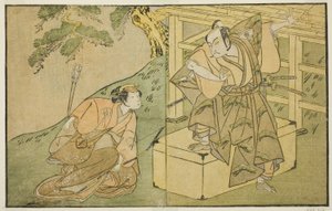 Die Schauspieler Onoe Matsusuke I als Akaboshi Taro (rechts) und Azuma Tozo II als Shirotae (links) im Stück Kono Hana Yotsugi no Hachi no Ki, aufgeführt im Ichimura Theater im elften Monat, 1771