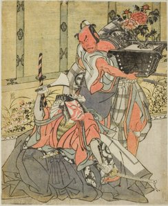 Die Schauspieler Otani Hiroemon III als Shinagawa Okaminosuke (rechts) und Ichikawa Danjuro V als Arashishi Otokonosuke (links), im Stück Fuki Kaete Tsuki mo Yoshiwara