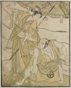 Die Schauspieler Otani Tomoemon I als Emohei (rechts) und Sanogawa Ichimatsu II als Sanada Yoichi (links) im Stück Myoto-giku Izu no Kisewata, aufgeführt im Ichimura-Theater im elften Monat, 1770 von Katsukawa Shunsho