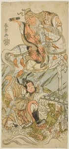 Die Schauspieler Sawamura Sojuro II als der chinesische Weise Huangshi Gong (zu Pferd) und Ichikawa Danzo III als der chinesische Krieger Zhang Liang (auf einem Drachen reitend), im Finale des Stücks Otokoyama Yunzei Kurabe (Am Berg Otoko, ein Kraftverglei von Katsukawa Shunsho