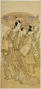Die Schauspieler Segawa Kikunojo III (rechts) als Ochiyo und Bando Mitsugoro I (links) als Gemüsehändler Hambei im Stück Kabuki no Hana Bandai Soga, aufgeführt im Ichimura Theater im vierten Monat, 1781