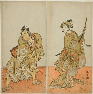 Die Schauspieler Segawa Kikunojo III als Aigo no Waka (rechts) und Ichikawa Yaozo II als Hachio-maru Aratora (links) im Stück Chigo Sakura Jusan Kane, aufgeführt im Ichimura-Theater im elften Monat, 1774 von Katsukawa Shunsho