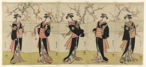 Die Schauspieler Segawa Kikunojo III als Karigane Obun, Nakayama Tomisaburo I als An no Oyasu, Iwai Kiyotaro II als Kaminari no Osha, Nakayama Tatezo I als Gokuin no Osen und Ichikawa Monnosuke II als Hotei no Oichi (von rechts nach links), in "Gonin Onna,