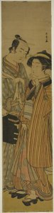 Die Schauspieler Segawa Kikunojo III als Okoma (rechts) und Arashi Sangoro III als Friseur Obana Saizaburo (links), im Stück Koi Musume Mukashi Hachijo, aufgeführt im Nakamura-Theater im dritten Monat, 1776