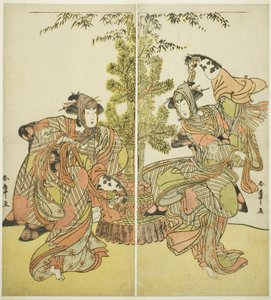 Die Schauspieler Segawa Kikunojo III als Yasukata (rechts) und Iwai Hanshiro IV als Utou (links) im Stück Godai Genji Mitsugi no Furisode, aufgeführt im Nakamura-Theater im elften Monat, 1782 von Katsukawa Shunsho