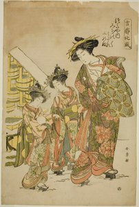 Die Kurtisane Michinoku aus dem Tsutaya-Haus mit ihren Kamuro Midare und Shinobu, aus der Serie "Kikkaku Hokufu" von Katsukawa Shunsho