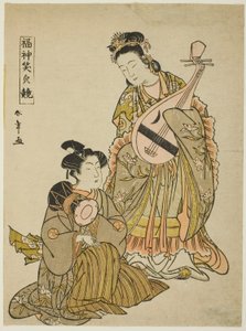 Die Göttin Benten mit einer Biwa und ein junger Mann mit einer Schultertrommel, aus der Serie "Vergleich der Lächeln der Glücksgötter (Fukujin egao kurabe)"