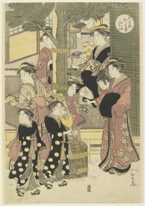 Drei Kurtisanen des Ōgiya-Hauses und ihre Begleiter