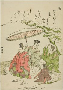 „Tsu“: Narihira im Schnee bei Ono, aus der Serie „Geschichten von Ise in modischen Brokatbildern (Furyu nishiki-e Ise monogatari)“ von Katsukawa Shunsho