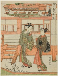 Yagurashita no Bansho (Abendglocke bei Yagurashita), Kurtisane und ihr Begleiter im unautorisierten Vergnügungsviertel Yagurashita in Fukagawa, aus der Serie "Fukagawa Hakkei (Acht Ansichten von Fukagawa)"