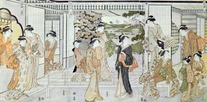 Junge Frauen mit einem Korb Chrysanthemen von Katsukawa Shunsho