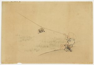 Bauer fliegt Drachen mit Vogelklapper, ca. 1850