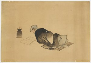 Liegender Mann, der bei Lampenlicht liest, ca. 1850 von Katsushika (school of) Hokusai